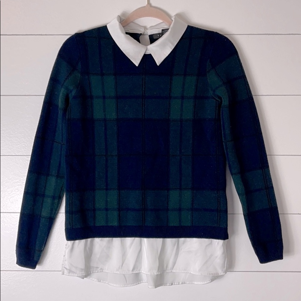 Tahari Green Plaid Collared Sweater Size S